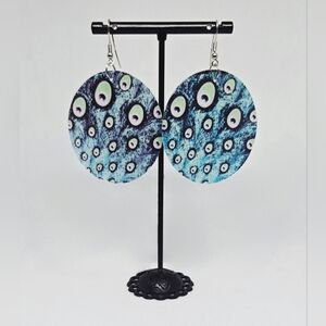 Peacock Feather Print Earrings – Large Round Lightweight Boho Dangle Jewelry